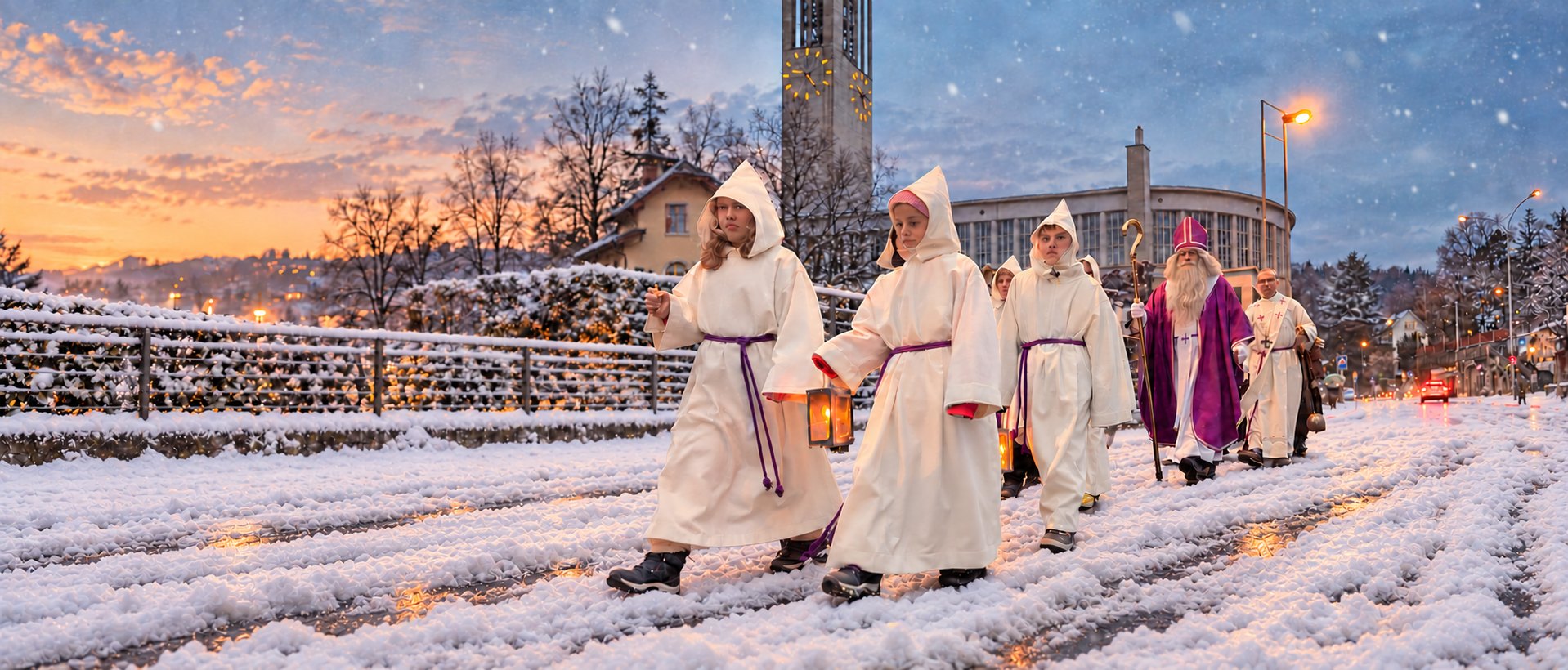 Samichlausprozession vor der Kirche St. Karl in Luzern im Schnee